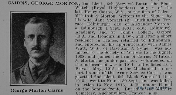Cairns G M 2nd Lt 6th Black Watch Obit