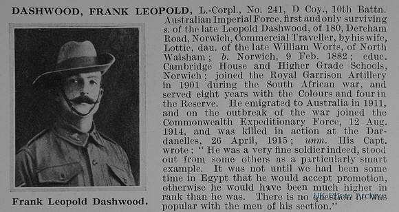 Dashwood F L LCpl 241 10th Australian Imperial Force Obit