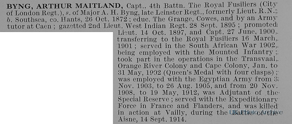 Byng A M Captain 4th Royal Fusiliers