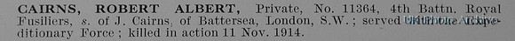 Cairns R A Pte 11364 4th Royal Fusiliers