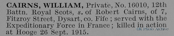 Cairns W Pte 16010 12th Royal Scots