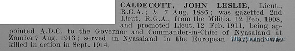 Caldecott J L Lt Royal Garrison Artillery