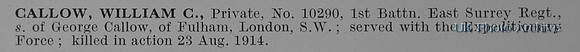 Callow W C Pte 10290 1st East Surrey Regiment