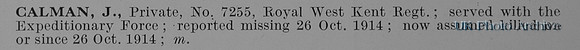 Calman J Pte 7255 Royal West Kent Regiment