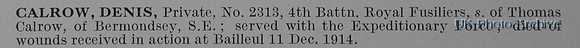 Calrow D Pte 2313 4th Royal Fusiliers