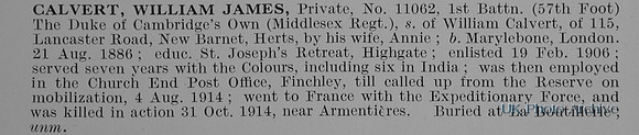 Calvert W J Pte 11062 1st Middlesex Regiment