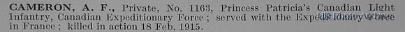 Cameron A F Pte 1163 Princess Patricias Canadian Light Infantry
