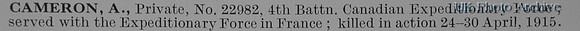 Cameron A Pte 22982 4th Canadian Expeditionary Force