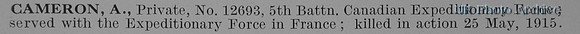 Cameron A Pte 22982 5th Canadian Expeditionary Force