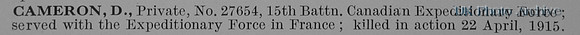 Cameron D Pte 27654 15th Canadian Expeditionary Force