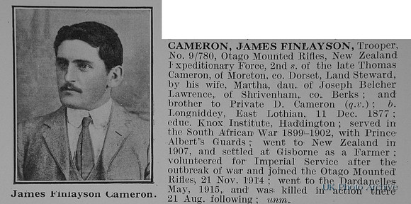 Cameron J F Tpr 9/780 Otago Mounted Rifles NZEF Obit
