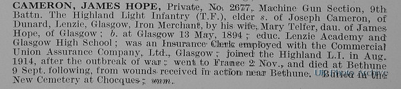 Cameron J H Pte 2677 9th Highland Light Infantry