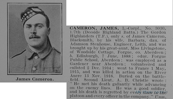 Cameron J LCpl 3030 7th (Deeside Highland Battalion) Gordon Highlanders Obit
