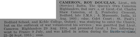 Cameron R D Lt 6th Cameron Highlanders