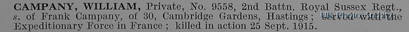 Campany W Pte 9558 2nd Royal Sussex Regiment