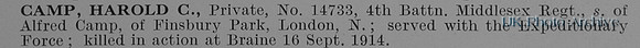 Camp H C Pte 14733 4th Middlesex Regiment