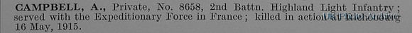 Campbell A Pte 8658 2nd Highland Light Infantry