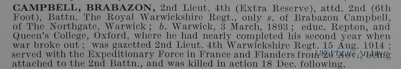 Campbell B 2nd Lt 2nd Royal Warwickshire Regiment