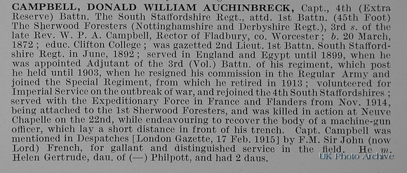 Campbell D W A Captain 4th South Staffs Regiment Attd 1st Notts And Derby Regiment