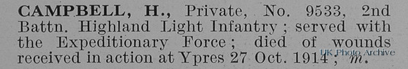 Campbell H Pte 9533 2nd Highland Light Infantry