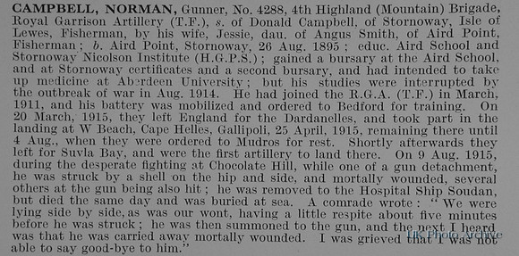 Campbell N Gnr 4288 Royal Garrison Artillery
