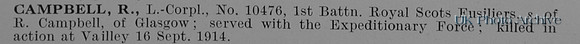 Campbell R LCpl 10476 1st Royal Scots Fusiliers