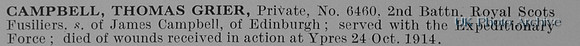 Campbell T G Pte 6460 2nd Royal Scots Fusiliers
