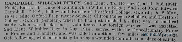Campbell W P 2nd Lt 2nd Wiltshire Regiment