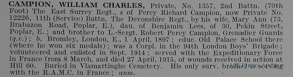 Campion W C Pte 1357 2nd East Surrey Regiment