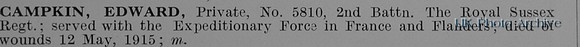Campkin E Pte 5810 2nd Royal Sussex Regiment