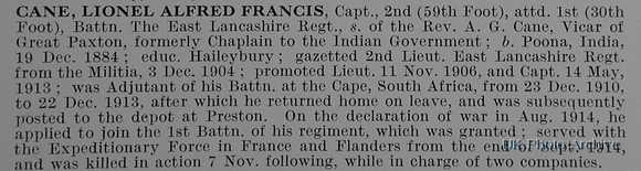 Cane L A F Captain 1st East Lancs Regiment