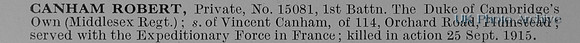 Canham R Pte 15081 1st Middlesex Regiment