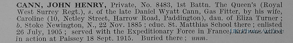 Cann J H Pte 8483 1st West Surrey Regiment