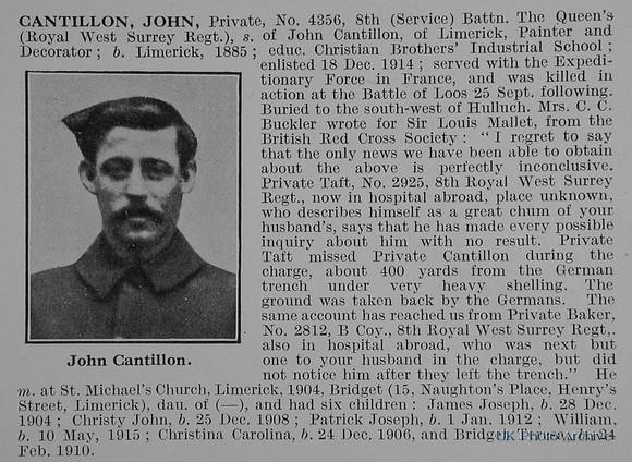Cantillon J Pte 4356 8th Queens Royal West Surrey Regiment Obit