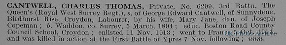 Cantwell C T Pte 6299 3rd Royal West Surrey Regiment