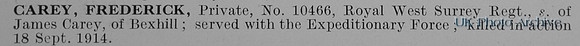 Carey F Pte 10466 Royal West Surrey Regiment