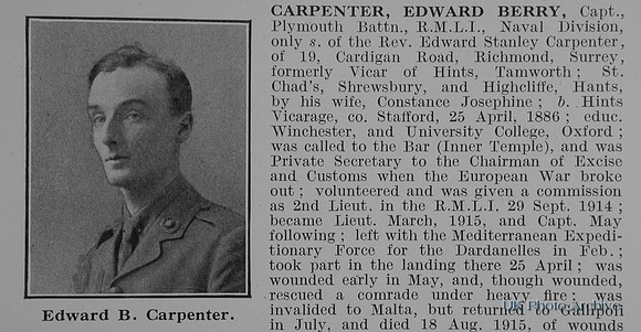Carpenter E B Captain Portsmouth Btn RND Royal Marine Light Infantry Obit Part 1
