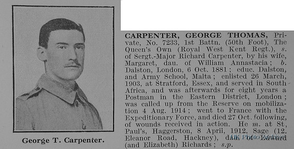 Carpenter G T Pte 7233 1st Royal West Kent Regiment Obit