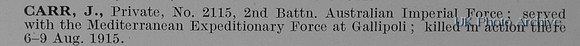 Carr J Pte 2115 2nd Australian Imperial Force