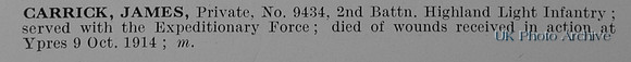Carrick J Pte 9434 2nd Highland Light Infantry