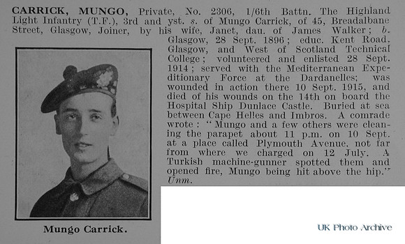 Carrick M Pte 2306 6th Highland Light Infantry Obit
