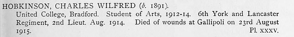 Hobkinson C W 2nd Lt 6th Yorks And Lancs Regiment Obit
