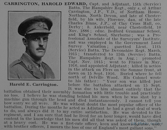 Carrington H E Captain 15th Hampshire Regiment Obit