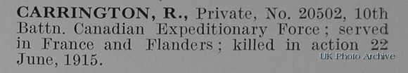 Carrington R Pte 20502 10th Canadian Expeditionary Force