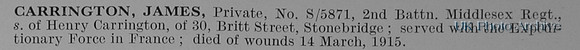 Carrington J Pte S-5871 2nd Middlesex Regiment