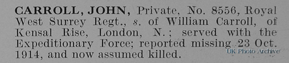 Carroll J Pte 8556 Royal West Surrey Regiment