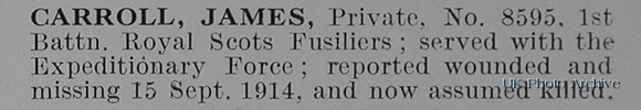 Carroll J Pte 8595 1st Royal Scots Fusiliers