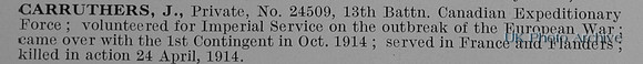 Carruthers J Pte 24509 13th Canadian Expeditionary Force