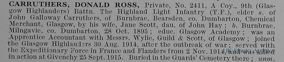 Carruthers D R Pte 2411 9th Highland Light Infantry