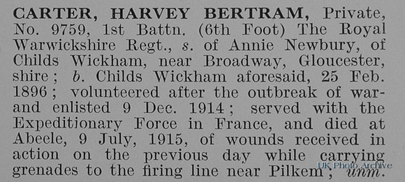 Carter H B Pte 9759 1st Royal Warwickshire Regiment Obit